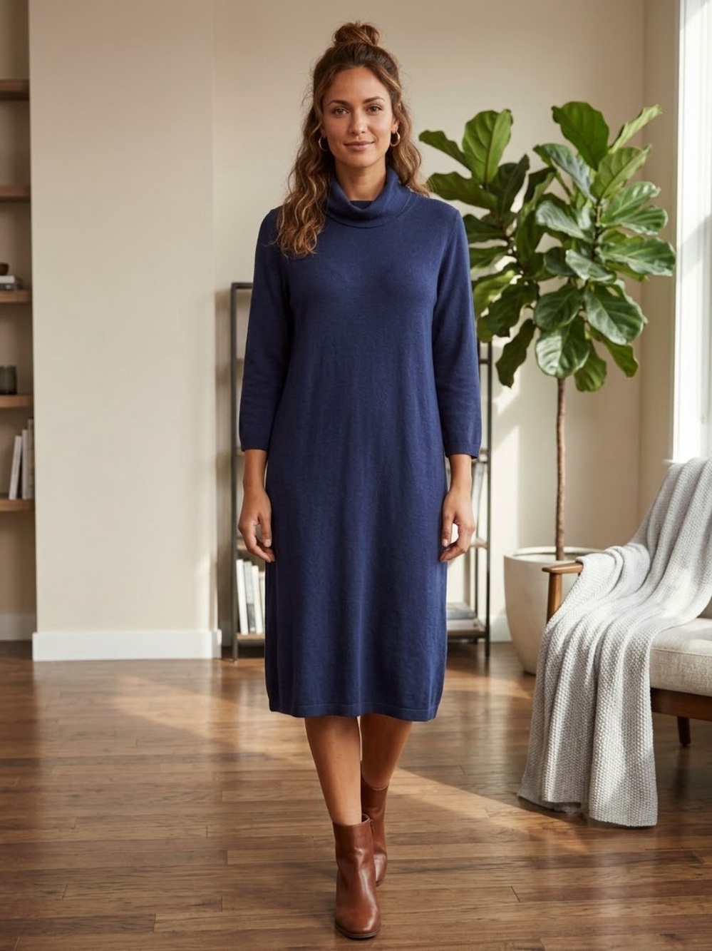 J.Jill navy Blue Solid Knit Cowl Neck 3/4 Sleeve Midi Sweater Dress Size XL